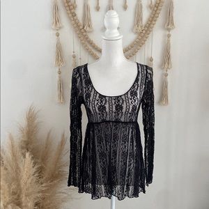 Nordstrom black lace babydoll top long sleeve sheer boho festival crochet medium